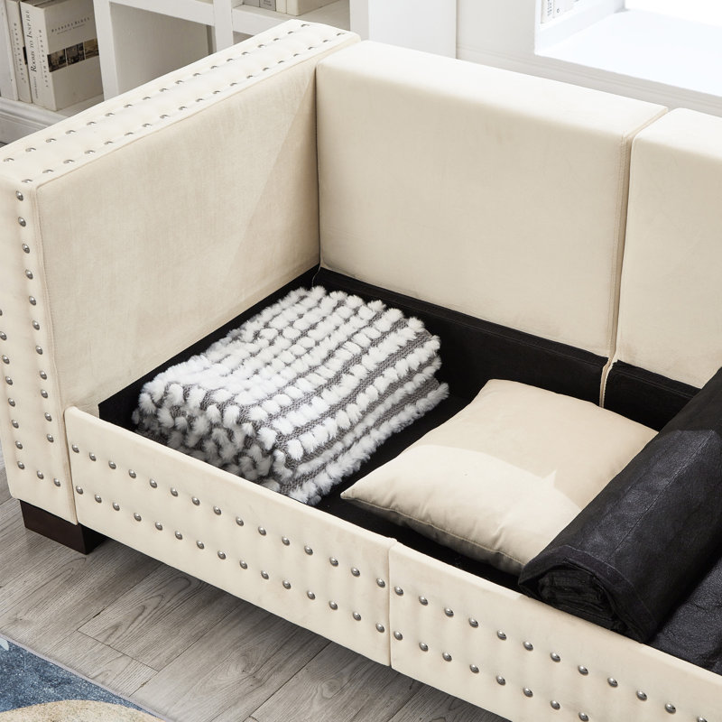 Velours abricot d'apparence moderne, clous argentés à accoudoirs carrés, structure en bois massif et housses de coussins lavables 3 - conception de canapé de siège, siège confortable avec accoudoirs, rangement sous les coussins