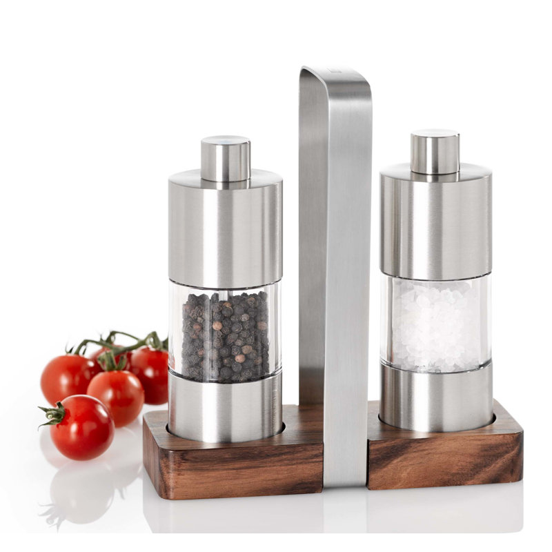 Stainless Steel and Glass Salt and Pepper Grinder Set with Wooden Tray