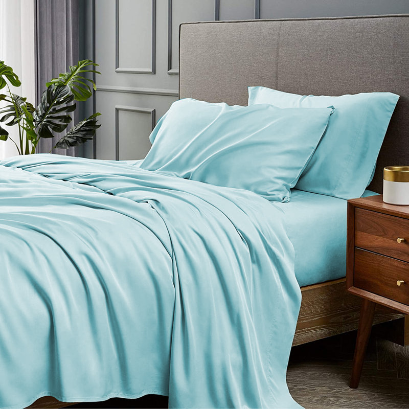 Ensemble de draps 4 pièces en rayonne de bambou, Ensemble de draps pour lit double avec 2 taies d'o, Turquoise