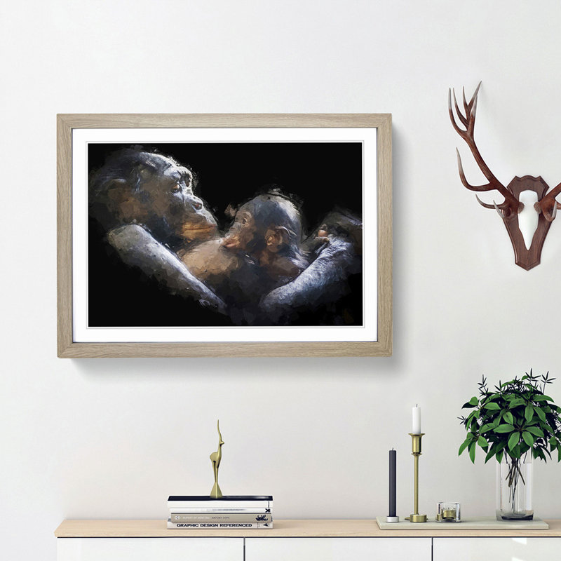 Gorilla Mother & Child in Abstract - Picture Frame Graphic Art Print, Oak Framed, 36cm H x 48cm W x 2cm D