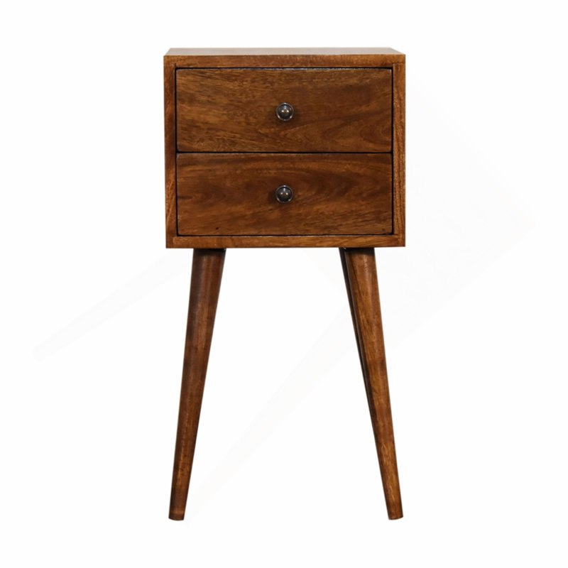 Solid Wood Mini Nightstand, 2-Drawers, Chestnut, Dark Brown