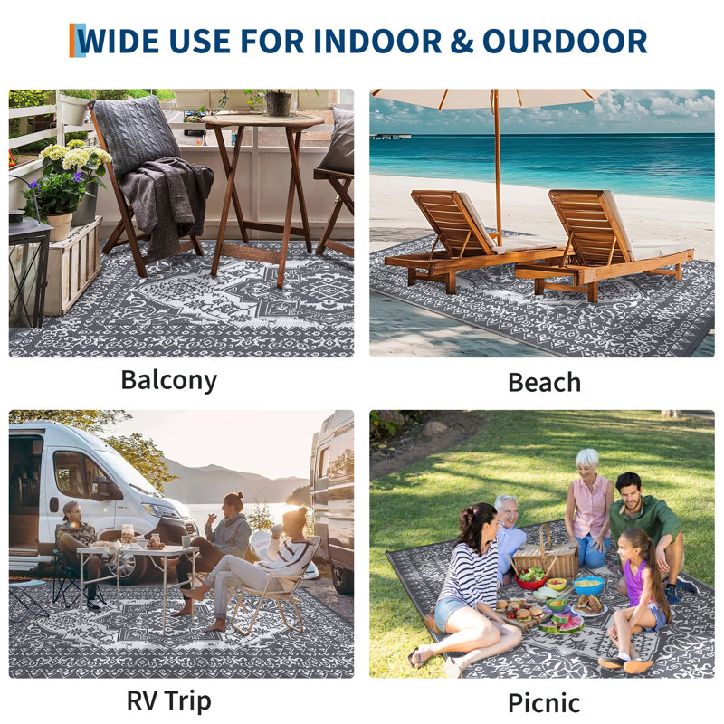 Outdoor Rug, Reversible Patio Rug, Large Vintage Medallion RV Camping Carpet, Waterproof Indoor Outdoor Plastic Straw Mat for Deck, Picnic, Beach, Pool, Garden