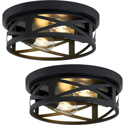 2 Pack Black Flush Mount Ceiling Light,Industrial Farmhouse Metal Cage Black Light Fixtures Ceiling Mount For Kitchen Entryway Hallway E26 Base (10.63In)