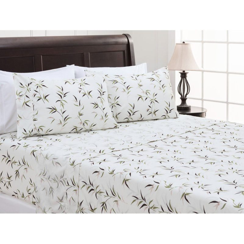 Queen White Bamboo Print Microfiber Sheet Set
