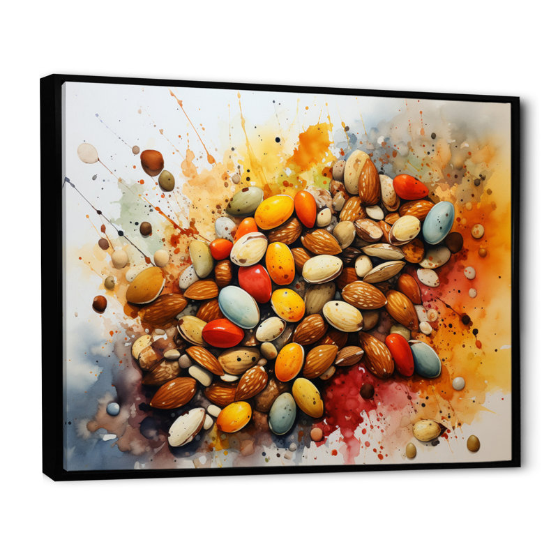 Red Nuts Explosion - Food & Beverage Canvas Wall Art, Cadre flottant noir, H 16 po x l 32 po x P 1 po