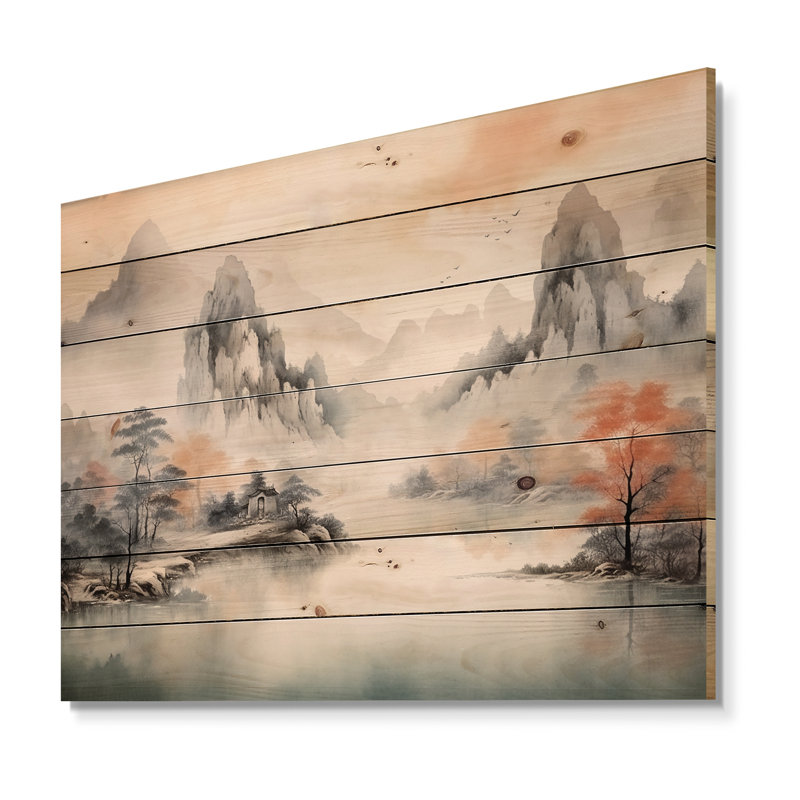 «Grey Tranquil Chinese Landscape Serenity I - China On Wood Print», H 34 po x l 44 po x P 0,78 po