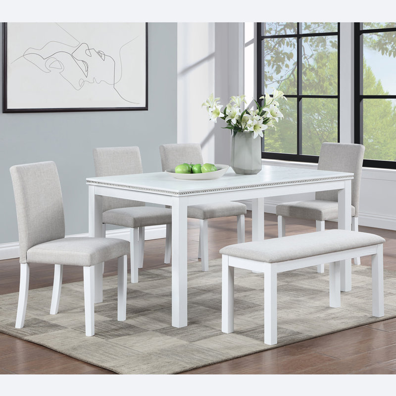 Ensemble de table de salle à manger 6 pièces avec 4 chaises rembourrées et banc