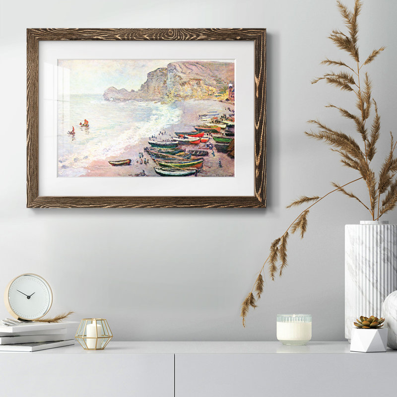 Étretat, la plage et la porte d'Amont par Monet, H 22 po x l 32 po x P 1,5 po, Noyer