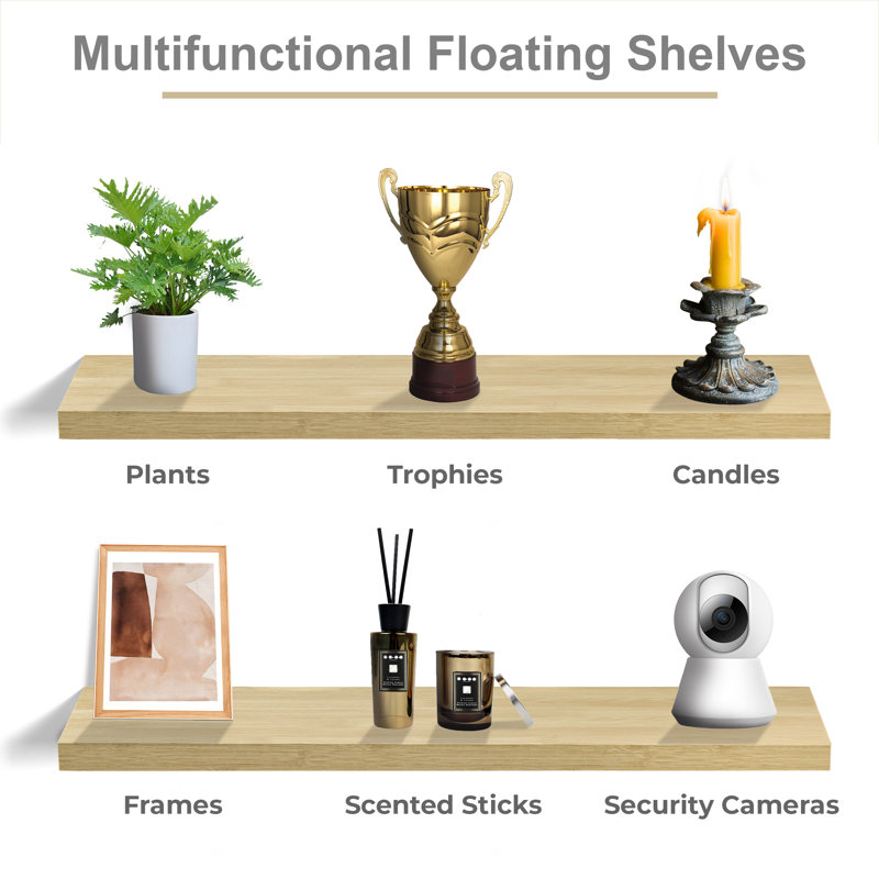 35" Long Floating Shelves with Invisible Mounting Set of 2, Maple Wood