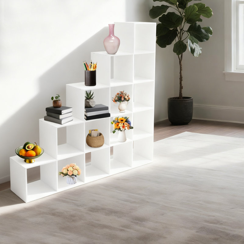 15-Cube Ladder Cube Storage Bookcase L-Shaped Corner Shelf, (5 Shelves) 57.48"H x 57.48"W x 11"D, White