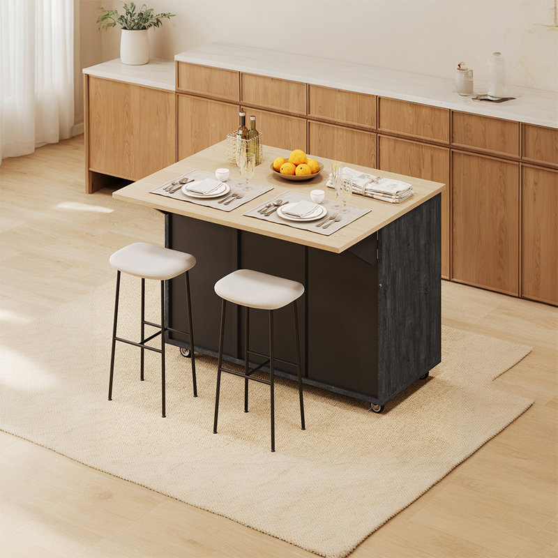 51.2 “W Geometric Twill Stripe Removable Farmhouse Kitchen Island With Folding Leaf And Interior Storage Shelves, Black