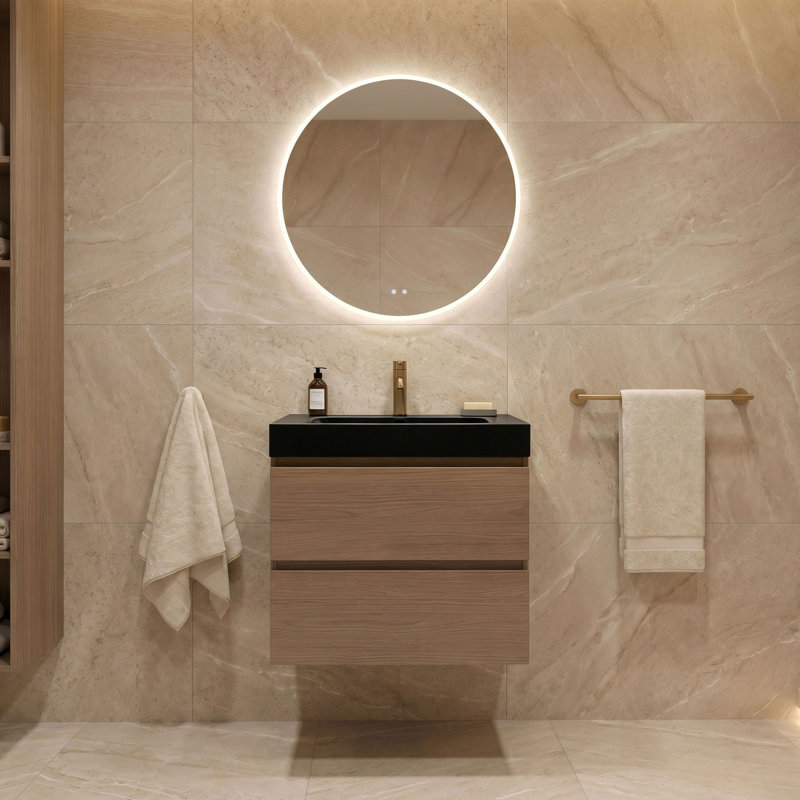Meuble-lavabo mural simple avec comptoir en quartz et trop-plein, Noir mat, 24", Brown Walnut