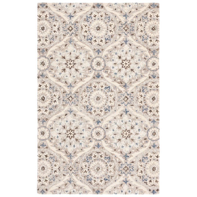 Hand Tufted Wool/Cotton Damask Rug in Gray/Beige, Rectangle 5' x 8'