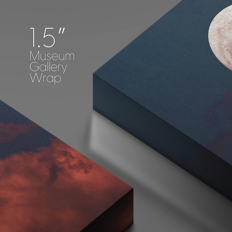 Pleine lune sur un coucher de soleil rouge cramoisi sur des nuages d'automne sur toile, H 12 po x l 12 po x P 1,5 po