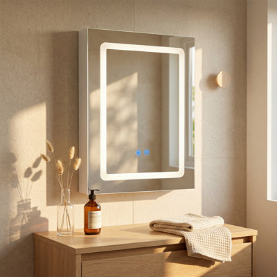 LED Bathroom Mirror Cabinet 50x70cm, Anti-Fog, Dimmable 3 Colour Light, Adjustable Shelves