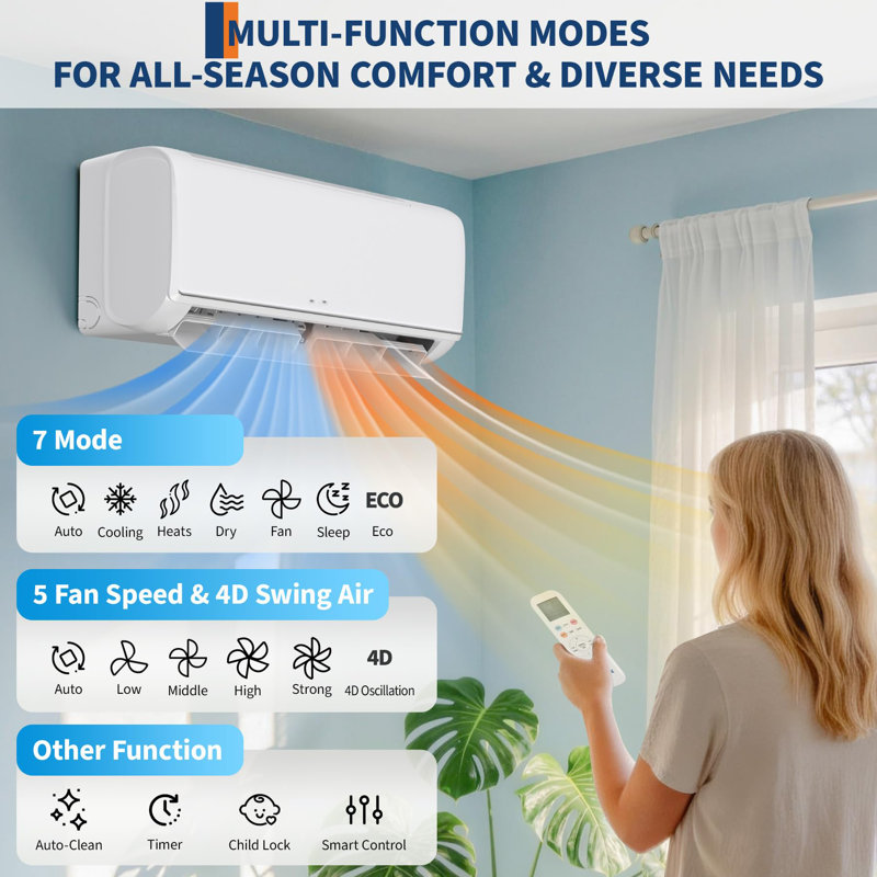 Climatiseur central 9000 BTU à haut rendement avec chaleur - 18,5 SEER2 - 230 V - Fonctionne avec Alexa - Fiable, rafraîchissant et chauffant, 2 colis