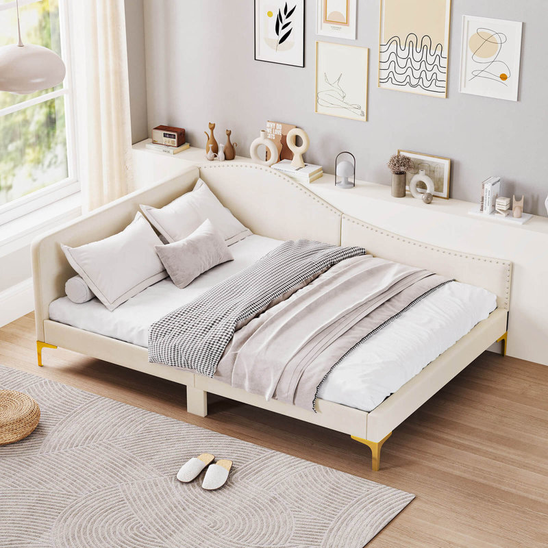 Lit plateforme tapissier capitonné à rivets avec pieds en métal, Lit double, Beige