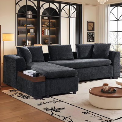 L-shaped Upholstered Sofa Couch With Wooden Storage Compartment And Throw Pillows