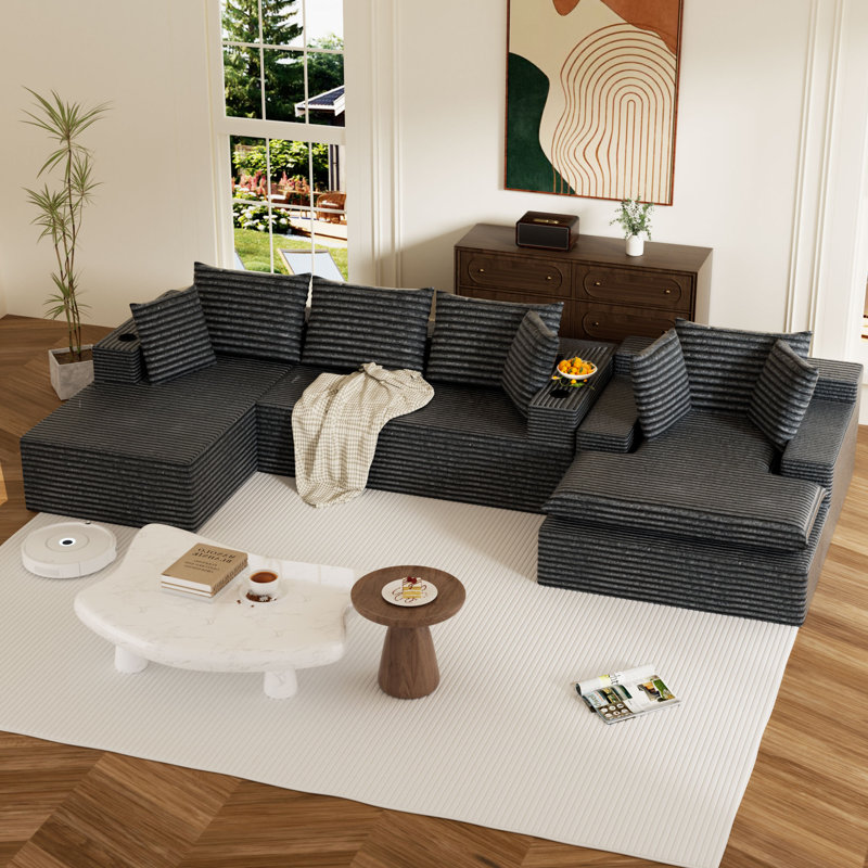 Canapé modulaire moderne avec revêtement en velours côtelé, méridienne réversible, coussins supplémentaires, canapé en tissu à assise profonde pour le salon