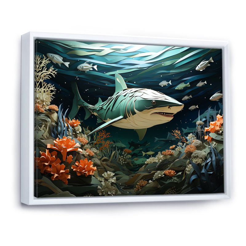 " Coral And Sharks Collage Symetry II ", 30" H x 40" W x 1.5" D, White Floater Framed