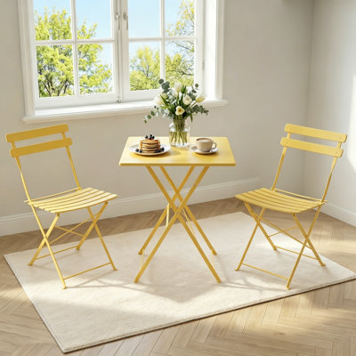 3 Piece Foldable Patio Bistro Set, Outdoor/Indoor Metal Table and Chairs Furniture, Compact Square Table with 2 Folding Chairs for Balcony, Porch, Garden, Apartment, Small Space, Yellow
