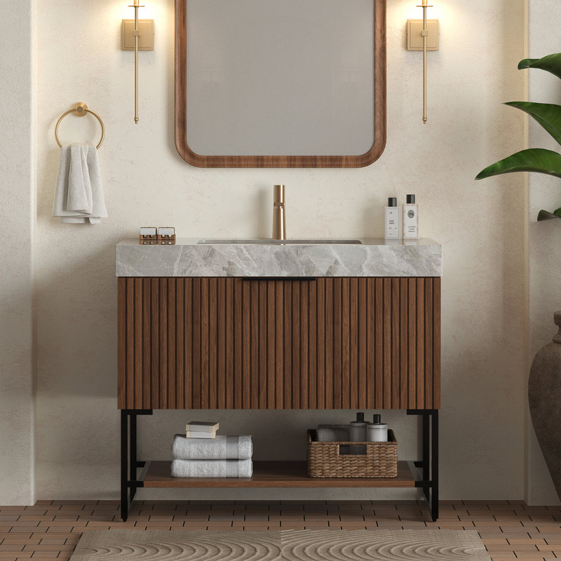 Meuble-lavabo moderne avec pierre frittée et lavabo en céramique, grand rangement