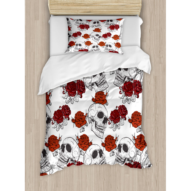 Skull Decorations Traditional Polyester Floral Duvet Cover, Twin