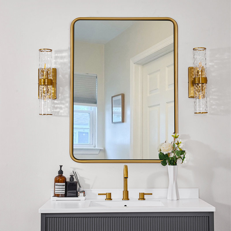 Contemporary Rectangle Bathroom Vanity Mirror | Stainless Steel O-Tube Frame Design, Brushed Gold, 30" x 22"