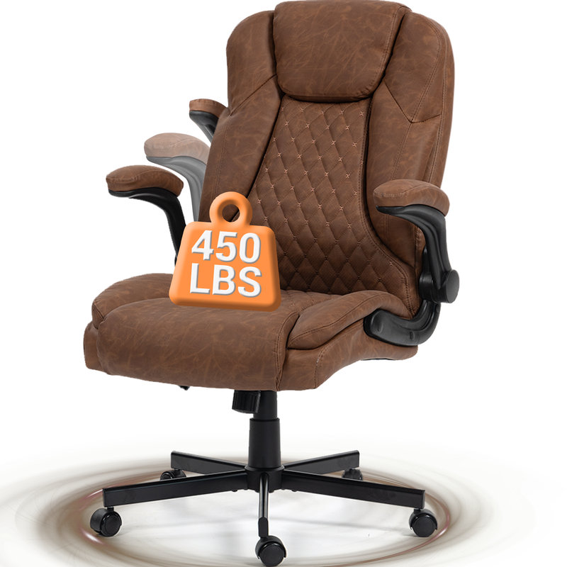 Fauteuil de direction haut dossier, fauteuil de bureau ergonomique avec fonction berçante, similicuir, accoudoirs rabattables et support lombaire, brun