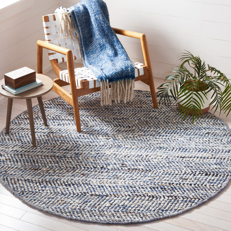 Tapis bleu / ivoire en laine et coton tissé à plat à la main Treece, Rond 6 pi