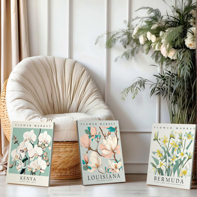 3PCS Wall Arts Posters Framed, Set of 3 Flower Market Canvas Wall Art Prints - Kenya Orchid Louisiana Magnolia Bermuda Yellow Flowers Vintage Botanical Decor for Living Room Bedroom Home Office Modern Farmhouse Decorations