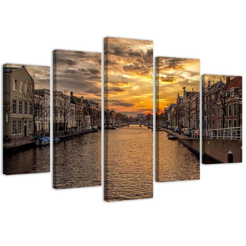 City River Sunset - 5 Piece No Frame Print on Canvas, 100cm H x 200cm W