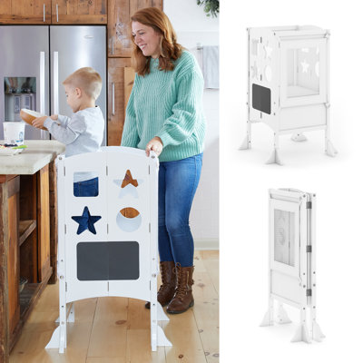 Guidecraft Classic Kitchen Helper Foldable Toddler Tower Stool with Anti-tip Feet and Safety Nets