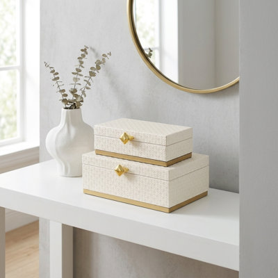 Baskura Vinyl Rattan Rectangular Box Set - White | Gold Metal Base