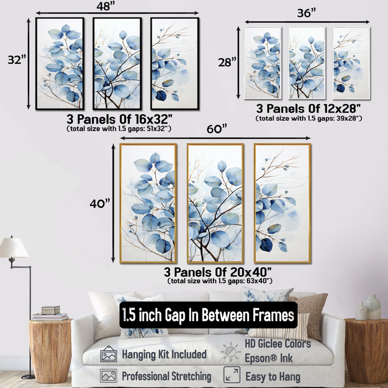 «Blue On», Leaves on Branch III - feuilles, ensemble d'art sur toile, H 28 po x l 36 po x P 1 po, Cadre flottant en érable