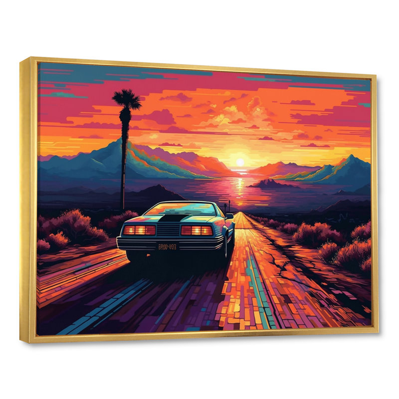 Chorio, voiture classique rétro orange et bleue sur toile, H 16 po x l 32 po x P 1 po, Cadre flottant doré