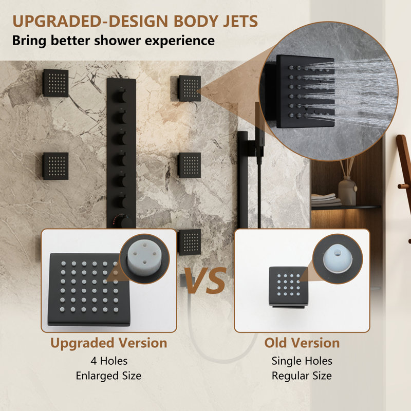Rodeo 27.5-Inch LED&Music Rainfall Thermostatic Shower System with Slide Bar and 2-in-1 Handheld, Matte Black