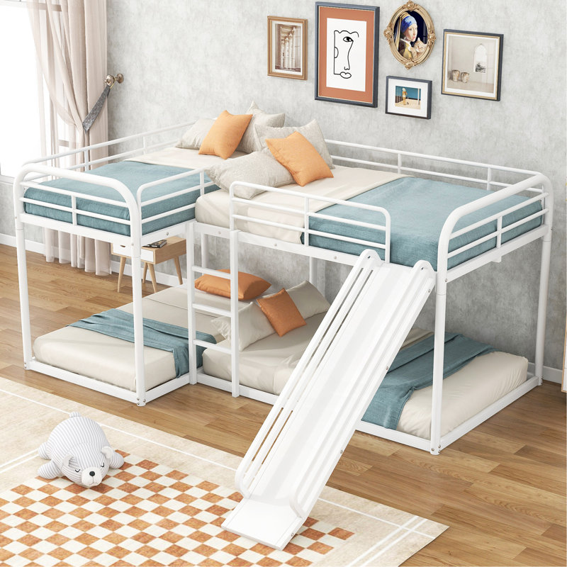 Lit superposé en L pour lit simple et double avec toboggan et échelle courte, blanc