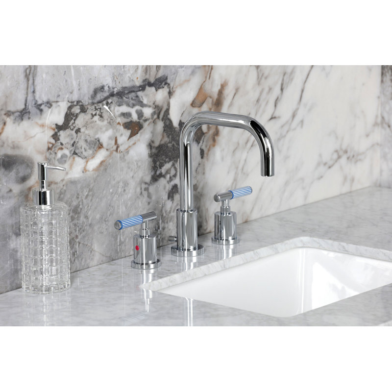 Kingston Brass Synchronous Two-Handle 3-Hole Deck Mount Widespread Bathroom Faucet with Brass Pop-Up Drain, Polished Chrome