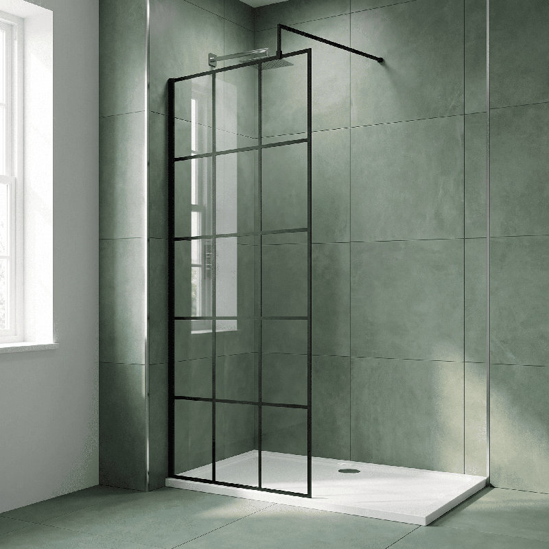 nuie 700mm Matt Black Framed Wetroom Screen With Support Bar