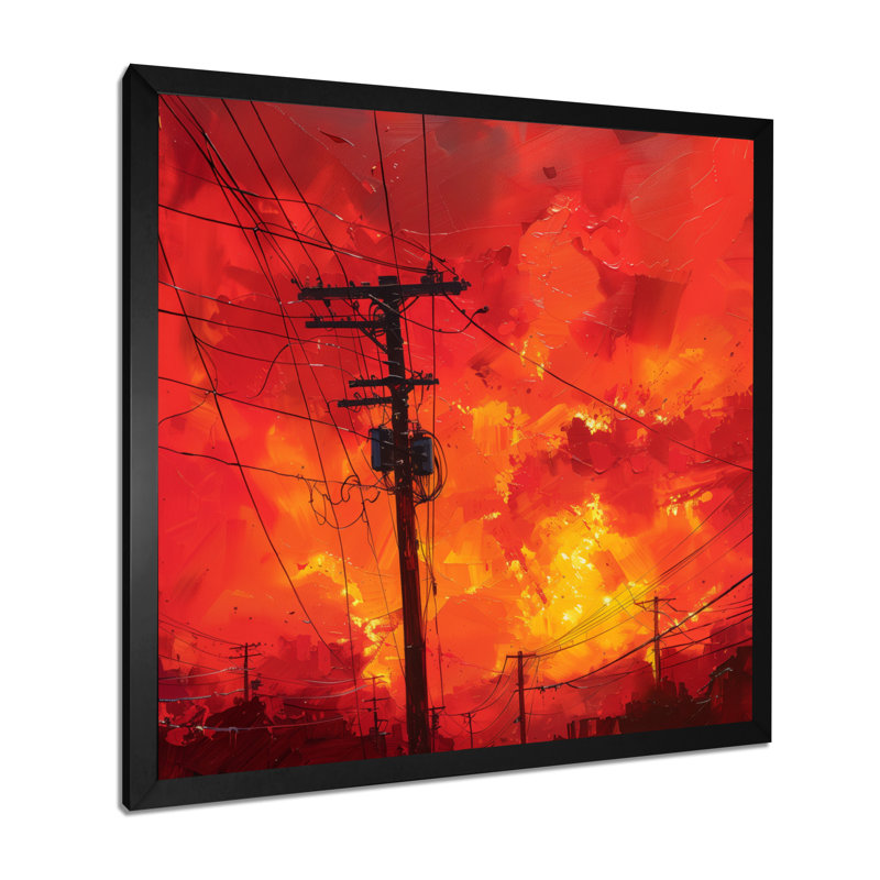 Red Yellow Voltage Vibes Power Lines II - Power Lines, impression d'art mural, Cadre simple noir, H 16 po x l 16 po