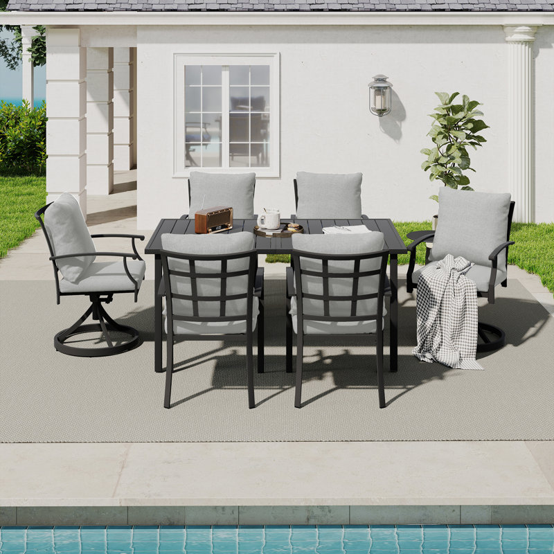 Maynard 7-Piece Black Metal Patio Dining Set With Rectangular Table, 2 Swivel Dining Chairs And Gray Cushions, Gray