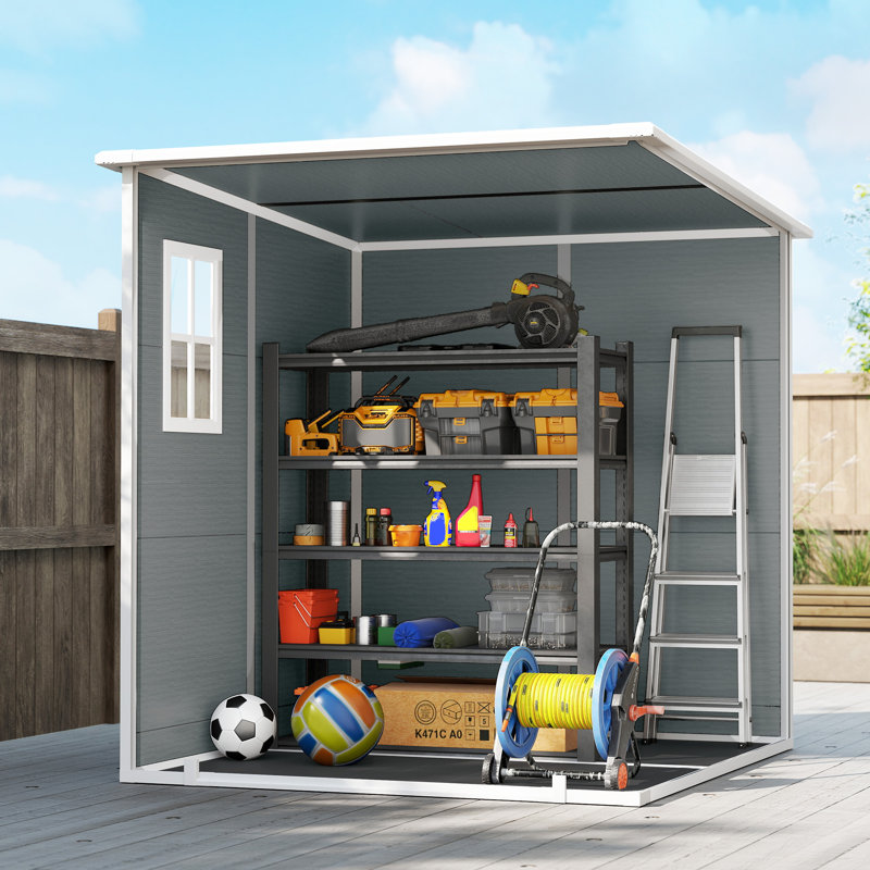 Outsunny 6 x 6 ft Plastic Garden Shed with Floor, Three Windows, Grey