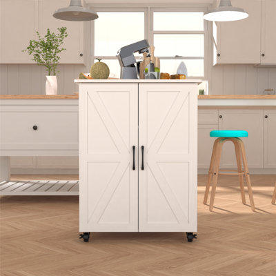 Portable Kitchen Island with Storage Cabinet, Barn Doors, and Wheels for Versatile Use in Kitchen, Dining, and Bathroom