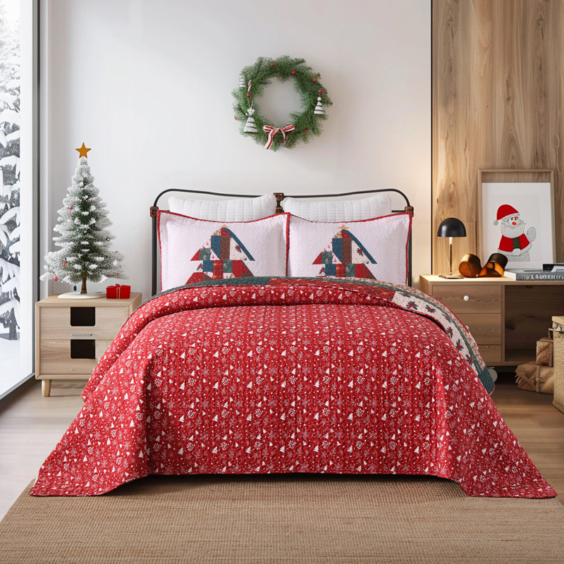 3 Pcs Holiday Bedspread Patchwork Christmas Tree Quilt Set, King Quilt + 2 King Shams