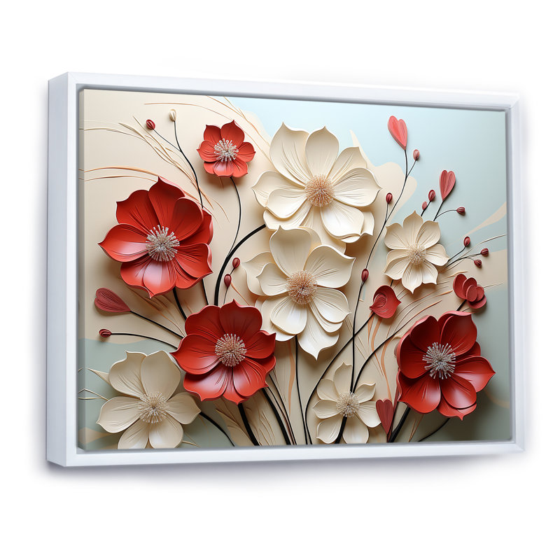 Rouge et blanc cramoisi fleur s Étreinte - art mural fleur, H 12 po x l 20 po, Reproduction avec cadre flottant, Blanc