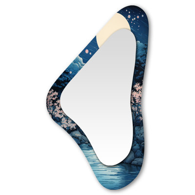 Full Moon Pagode By The River - Japan Irregular Shape Decorative Wall Mirror, Traditional Asymmetrical Mirror, Printed Metal Art