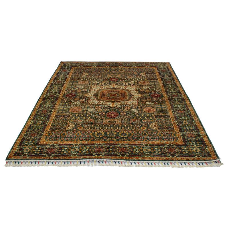 Tapis tribal turc vert et multicolore 6 x 8