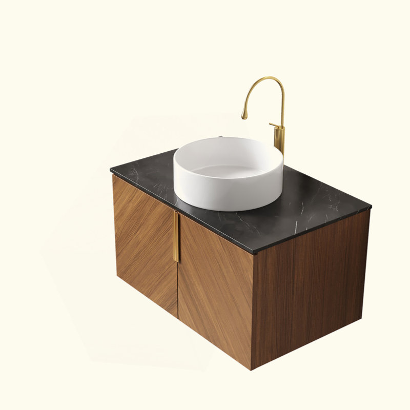 Meuble-lavabo mural 30 po avec lavabo, meuble-lavabo mural moderne en contreplaqué avec portes doubles, comptoir en pierre frittée noire et lavabo rond en céramique blanche
