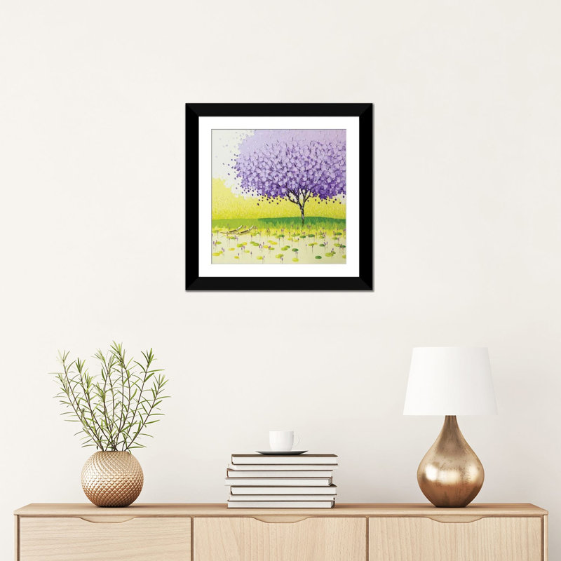 «Tranquil Season», peinture sur toile, H 16 po x l 16 po x P 1 po, Papier beaux-arts encadré noir, Blanc